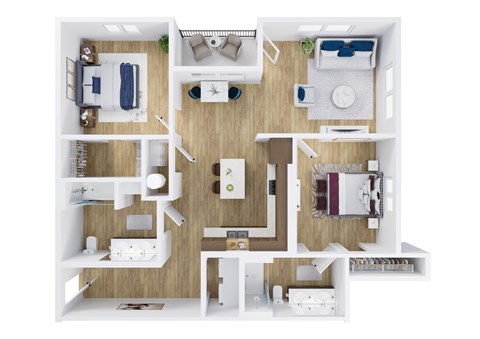 A top-down view of a small apartment with a kitchen, living room, and bedroom.